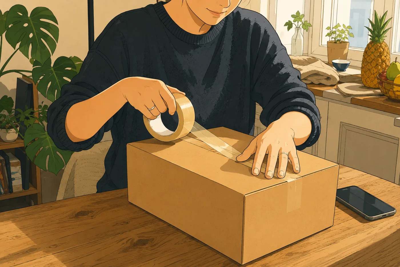 Person verpackt zu Hause ein Paket am Küchentisch.